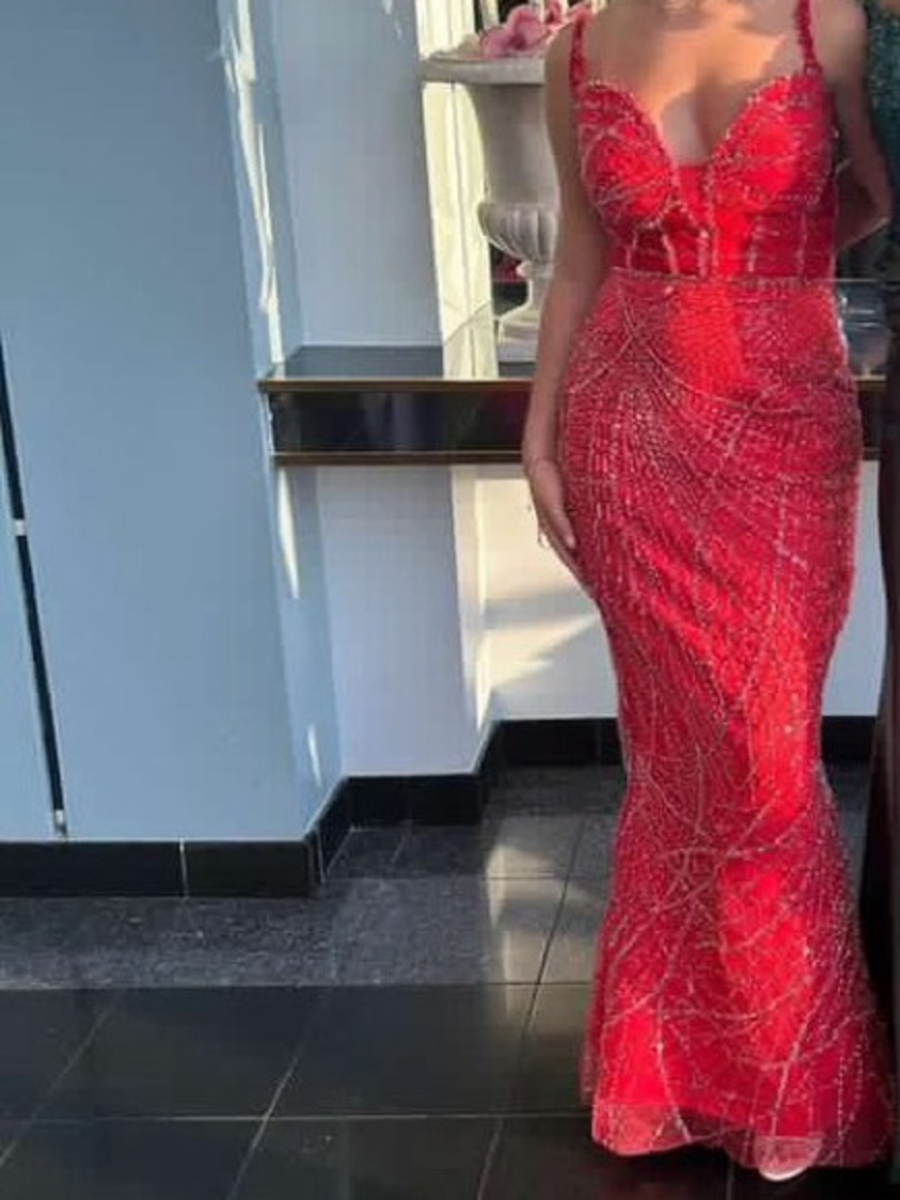 Elegant Red Beaded Evening Gown